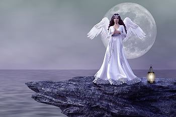 fantasy, mystic, to Compose, angel, girl, fairy Tale, full Moon, lake, imaginary, atmosphere