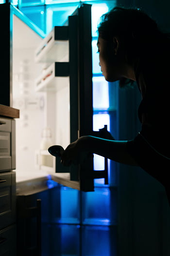 empty fridge, neon light, silhouette, woman, night scene, isolation, home interior, kitchen images, no food, hungry, refrigerator