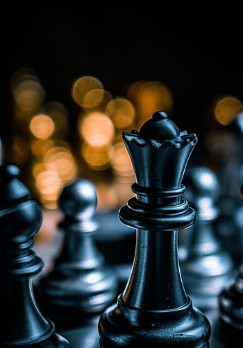 černá šachová figurka, Královna, šachovnice, detail, rozmazané bokeh, světla, šachová hra, strategie, soustředit se, Černá královna, šachové figurky