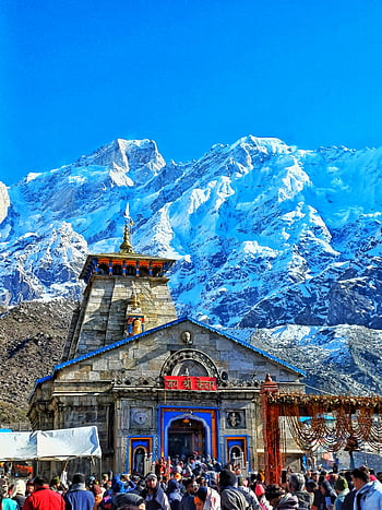 Chrám Kedarnath, Himalájské vrcholy, zasněžené hory, Historický chrám, Indie, Jasný den, tradiční chrám, horský chrám, kedarnath, hinduistický chrám, poutní místo