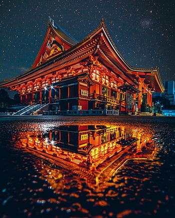 センソジ、 東京、 日本、 夜間、 照らされた、 寺院、 ローアングルショット、 反射、 水たまり、 浅草寺、 すばらしい眺め