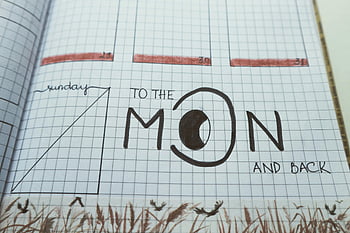 To the Moon and Back, written paper, notebook page, creative grid design, moon illustration, hand-drawn text, artistic notebook, grid paper, Sunday label, grass drawing, bird silhouettes