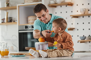 familie, morgenmad, bord, køkken, barn, far, han-, mand, mennesker, smilende, lykkelig