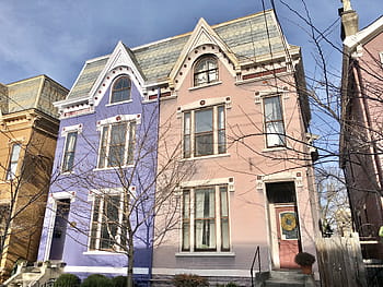 russell street, Seminární náměstí, covington, kentucky, Historické domy, barevné domy, viktoriánské architektury, městské sousedství, obytné oblasti, pouliční scény, větve stromů