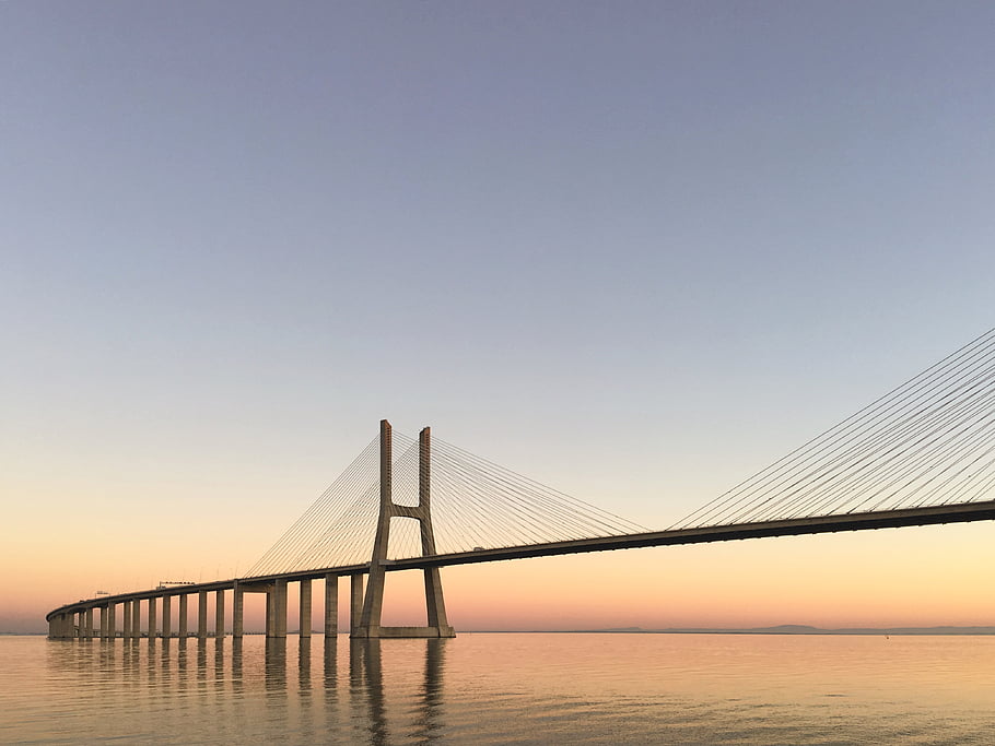 voda, západ slunce, visutý most, nebe, svítání, suspenze, cestovat, architektura, večer, soumrak, spojení