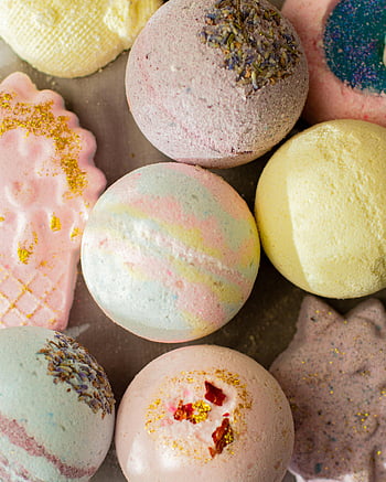 bath bombs, multicolored, fragrant, handmade, spa experience, colorful, scents, textures, relaxing, close-up, table