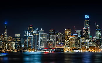 San Francisco skyline, night cityscape, illuminated skyscrapers, time lapse photography, urban night view, city lights, downtown San Francisco, night photography, city skyline, San Francisco night, urban landscape