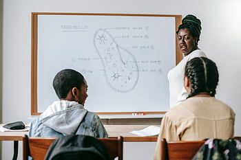 biology teacher, lesson, kids, students, attentive listening, teacher explaining, biology concepts, whiteboard, classroom, education, learning