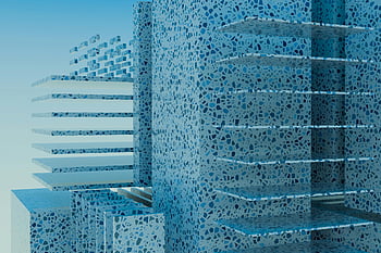 blue building, blue dots, modern architecture, abstract architecture, 3D render, terrazzo pattern, layered structure, contemporary design, architectural design, blue facade, abstract building