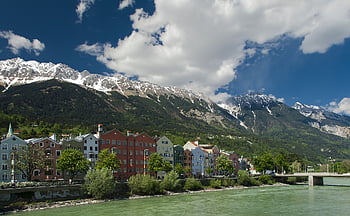 innsbruck, Rakousko, Tyrolsko, mariahilf, hospoda, tok, hory, Alpy, sníh, pokryté sněhem, mraky