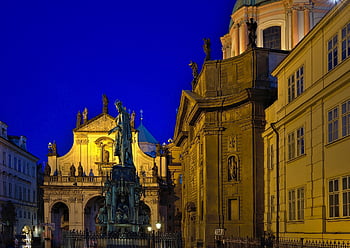 socha, památník, sochařství, umění, historické centrum, budova, fasády, historický, Praha, noc, osvětlení