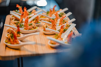 food, seafood, shrimp, canapes, snack, spoon, finger Food