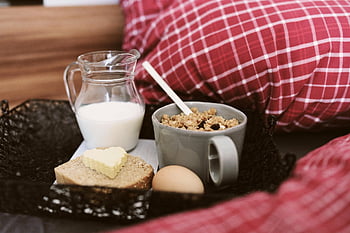 morgenmad, korn, mælk, morgenmad i sengen, seng, mad, måltid, i morgen, soveværelse, service, Hotel