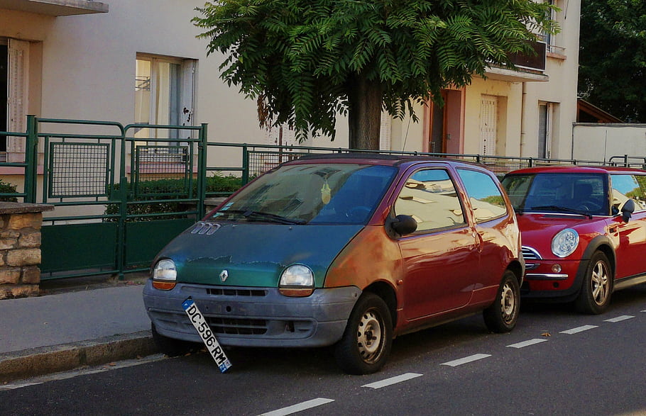renault, twingo, auto, zaparkováno, ulice, barvitý, poznávací značka, městský, vozidlo, kompaktní, Francie
