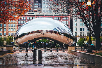 cloud gate, fazole, park tisíciletí, Chicago, deštivý den, Kultovní socha, odrazný povrch, městské krajiny, podzimní listí, panoráma města, veřejné umění