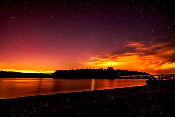 sunset, river, starry sky, silhouette trees, shoreline, golden hour, night photography, landscape, nature, orange sky, reflection