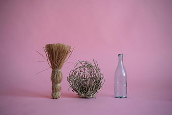 Here are the most relevant photo keywords based on the provided caption and description:

- minimalist composition, bottle, hay bundle, branches, twigs, pink background, still life, natural elements, rustic decor

Each keyword or phrase is relevant to the minimalist arrangement, the objects featured, and the background color