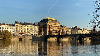 divadlo, řeka, budova, architektura, město, Evropa, národní, historický, nebe, Příroda, Praha