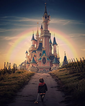 kastély, disney, Disney World, fiú, út, fantázia, tündérmese, fotó manipuláció, fénykép szerkesztés, digitális művészet, Művészet
