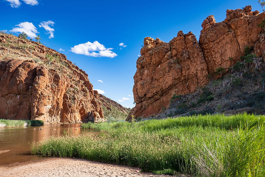 lake, mountain, grass, sand, rock Formations, sky, rock, red, blue, water, landscape