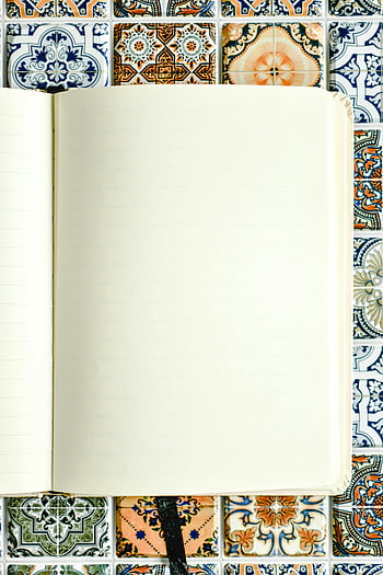 empty notebook, blank notebook, mosaic tile background, design mockups, open notebook, vibrant tiles, notebook mockup, tile design, creative background, blank pages, notebook layout