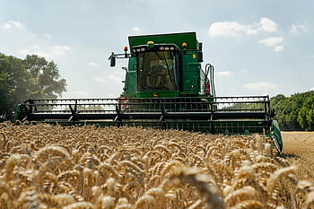 green tractor, wheat field, combine harvester, rural agriculture, sunny day, farm machinery, agricultural equipment, harvesting, John Deere, outdoor farming, crop harvesting