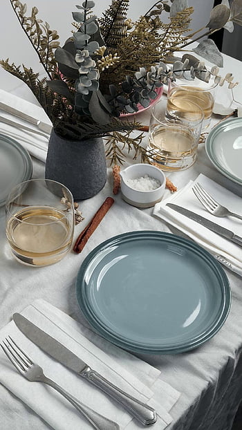 coutellerie, fourchette, main, couteau, serviette de table, mise en place, placement, assiette, en train de préparer, en mettant, table