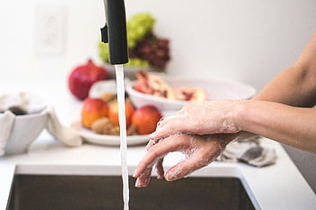 person washing hands, hands with soap, faucet, cleanliness, hygiene, kitchen sink, water stream, healthy habits, personal hygiene, clean hands, soap suds