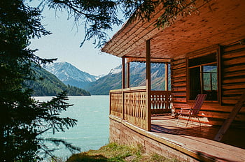 lakeside wooden house, mountain view, serene lake, lush forest, wooden cabin, tranquil scene, mountain lake, lakeside cabin, forest view, wooden porch, mountain landscape