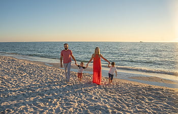 beach, sunset, family, parents, nature, children, sand, sea, together, mother, father