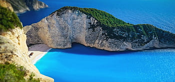 navagio beach, zakynthos, Řecko, tyrkysové vody, Dramatické útesy, letecký pohled, strom pokrytý ostrůvkem, středomoří, pobřežní krajiny, Přírodní krásy, cíl cesty