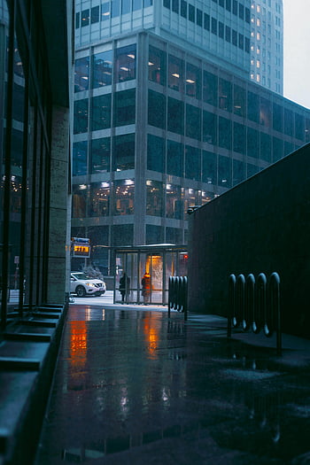 city buildings, rainy day, urban scene, skyscrapers, reflections, wet streets, moody atmosphere, cityscape, modern architecture, city life, rain reflections