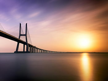 vasco da gama bridge, Lisabon, západ slunce, živé nebe, klidný pohled, Portugalsko, dlouhé expozice, vodní odraz, fotografování západu slunce