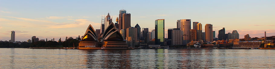 sydney, operní, Dům, panoráma, kirribilli, svítání, široký, aspekt, poměr