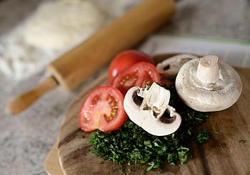 houby, rajčata, byliny, jíst, jídlo, kuchařka, drsný, vegetariánský, výživa, kuchyně, nevařené