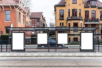 bushalte, advertenties, billboards, Europa, stad, stedelijk, straat, commercieel, advertentie, duidelijk, aanplakbord