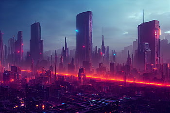 Ai generováno, cyberpunk, sci-fi, futuristické město, městský, město, budov, krajina, sci, temný, scifi