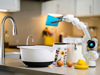 robotic arm, modern kitchen, mixing bowl, pouring ingredients, gray and white robot, plastic cup, kitchen setting, robotic cooking, kitchen tools, modern appliances, food preparation