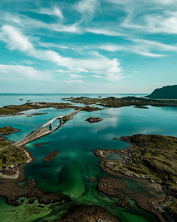 Landmark Island, Vestvågøy bridge, Nordland Norway, aerial shot, scenic landscape, Vestvågøy, Nordland, Norway, bridge, islands, water