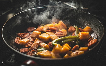 vegetable food, cooked, frying pan, steaming, green beans, diced potatoes, bacon, sizzling, healthy meal, kitchen cooking, smoke rising