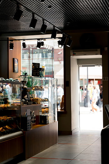 modern kafé, displayräknare, bakverk, elegant design, Moskva -kafé, inredningsdesign, glasskärm, bageri, urban cafe, modern café, bakverkskärm