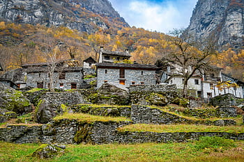 horské vesnice, Ticino, švýcarsko, kamenný dům, venku