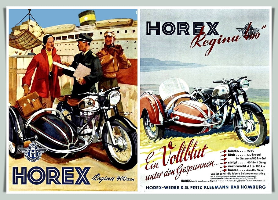 Horex, regina, 400cc, motocykl, postranním vozíkem, vinobraní, reklama, cestovat, zavazadla, lidé, moře