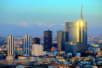 Mediolan, drapacze chmur, Miasto, sylwetka na tle nieba, Włochy, città, panorama, milano