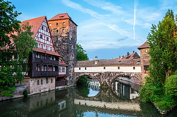 edificio, puente, edades medias, fluir, ciudad medieval, Nuremberg, baviera, Francos suizos, Alemania, braguero, Pegnitz