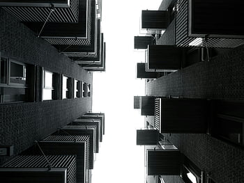grayscale photography, buildings, low angle shot, modern apartments, black and white, city apartments, balconies, urban architecture, architectural photography, monochrome, high-rise buildings