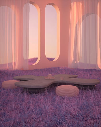 3D-rendered room, futuristic design, pastel hues, serene atmosphere, ethereal space, abstract interior, calm ambiance, modern aesthetic, purple tones, white elements, minimalist decor