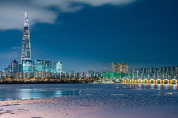 Seoul, Lotte Tower, waterfront, city lights, night view, skyline, reflection, Korea, urban landscape, Han River, skyscrapers