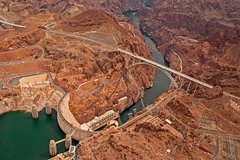 Hooverova přehrada, letecký pohled, nevada, usa, okolní krajina, dechberoucí výhled, kaňon, řeka, poušť, infrastruktura