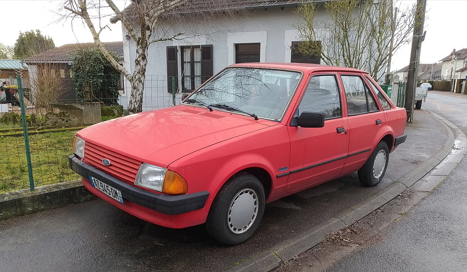 brod, doprovod, 1985, Červené, auto, zaparkováno, ulice, Nevers, vinobraní, vozidlo, sedan